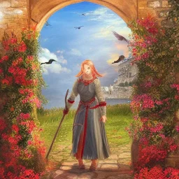  Castle into sky, with flowers of fire. Green clouds and birds. Shy girl going out of the main gate. Detailed painting, sharp color, medieval, intricate detail, far sceen, realistic colors, medieval concept art. spring.