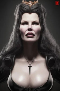 Kim Basinger as evil queen in black leather, busty, cleavage, curvy, angry, stern look. character design by cory loftis, fenghua zhong, ryohei hase, ismail inceoglu and ruan jia. unreal engine 5, artistic lighting, highly detailed, photorealistic, fantasy