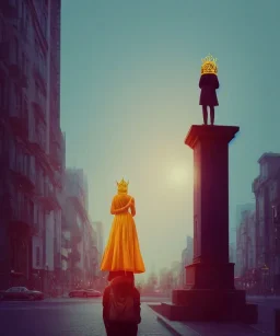 Statue of Queen of photography. Cute blonde woman. Photographer in golden crown. Standing on the street. Big camera in her hand. hyperdetailed, photorealistic, trending on artstation, greg rutkowski, beksinski, kodachrome, lomography, golden hour, bokeh, volumetric light