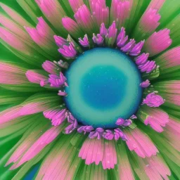 microphotography top-down view of a colorful single complex flower, high definition, detail, HD, 8k, realistic, 3d rendering, blender, photography, fisheye, bulge, tilt shift blur, microbiology