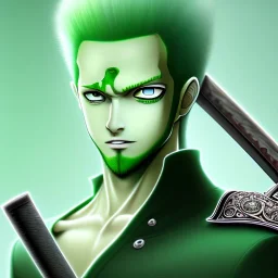 zoro, green hair, chainsawman, animestyle, denji, three chainsaw style, three sword style, majestic, soft pastel colors, soft smooth lighting, intricate detail, closed left eye, three sword, full body, sword handle in mouth, white skin,