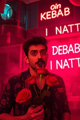 An spanish Guy with big eyes "Enrique" performing at dance club, his name is "Enrique" Red roses On stage, red Neon lights and smog, and "Din KEBAB I NATT" big sign on the wall, seranade under balcony