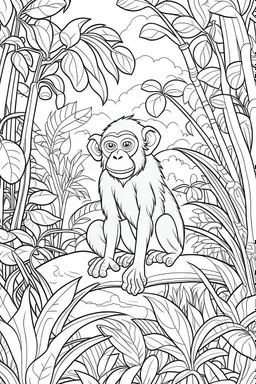 Outline art, Monkey in the jungle, cartoon style, low detail, no shading, --ar 9:11