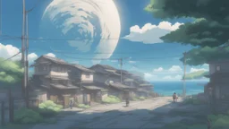 giant half transparent moon, glitchy, blurry, mechanical, sci-fi, maximum quality, centered on frame, far view, seasidel, white sky with cumulonimbus, anime, makoto shinkai style, seaside japanese village