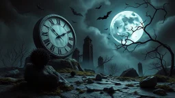 surreal dreamlike scene, nightmare on eart and in sky, midnight in the garden of death, some small black prickly balls on the earth and on sky, mystic gloomy, surreal dark shadows and pale light, stones, cracked eart, dark winter-like vibe, dark weird shapes floatings ,come strom , dark green moss, weird giant black musroom, bats on sky, branch on eart, ruins, rock, deep dark colors, dark twisting tendrils around big clock ,Clock Midnight, white-blue moon with black darkness, wind, fog, detail