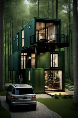 Medium-sized house made from shipping containers, in the woods, photorealistic