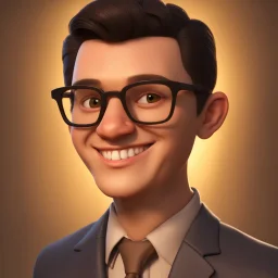 a portrait of smiling a man. carricature. dark black hair. short hair. light brown skin. dark brown eye pupils. wearing small rectangle, thin frame glasses. square face shape. formal dress. pixar style. 3D. 4k. portrait. highly detailed. sharp focus. high resolution. full color. cinema lighting