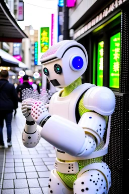 robot blowing bubbles on streets of tokyo in the style of hiroku ogai