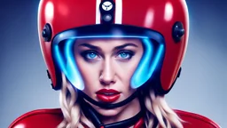 Fotorealistisch Miley Cyrus strahlend blaue Augen im offenen Helmvisier in roter Lederkombination