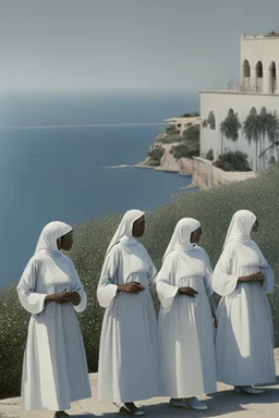 7 suore africane con tunica grigia giornata di sole precipizio fuori città uomo militare bianco giovane