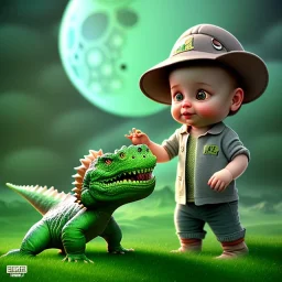 1yo little szymon is on safari onthe moon. petting a green dinosaur. he has big binoculars and a funny hat. High detailed. Cinematic. Digital painting. Warm lights.