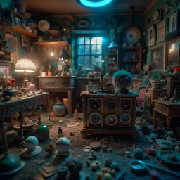 Diorama of old stuff in a room, sharp focus, 8k, 3d, very detailed, person, volumetric light, grim, very colorful, ornate, 33mm, F/2.8, insanely detailed and intricate, hypermaximalist, super detailed, decadentism