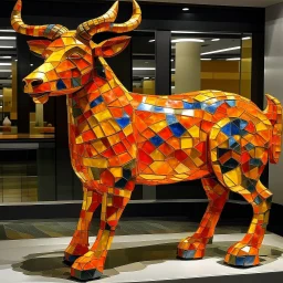 An orange colored fire elemental goat designed in ancient Roman mosaics painted by Piet Mondrian