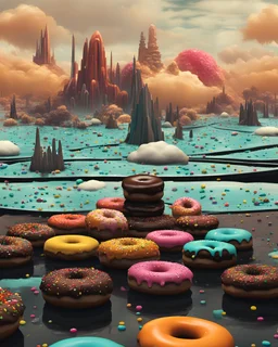 it is a wasteland all the foreground donuts are melted frosting,(magical sci fi::dystopian horror:0.5) in the distant background is "Candyland", goody gumdrops while you starve , constructed from surreal-looking donuts, hyperreal cakes, and crumbs, it is raining sprinkles, DOF, it stands like a beacon on a hill, digital illustration with color pops of pinks and reds and blues , (bubblegum horror:1.5), Unreal Engine 5,trending on Artstation