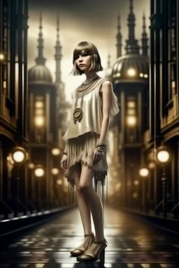 full body picture of a skinny woman with a bob, a fringe hairstyle, 1920s flapper clothing, futuristic steampunk city background