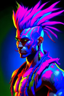 Standing at a height of 7 feet, muscular physique. Its skin is a vibrant shade of neon purple, with swirling patterns of electric blue and hot pink that seem to dance across its body. head is adorned with a wild and asymmetrical hairstyle, featuring a mix of razor-sharp spikes and untamed dreadlocks of various colors, ranging from blazing orange to acid green. Its eyes are a piercing shade of crimson, glowing with an otherworldly intensity that reflects its mischievous nature.