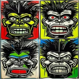 4 angry monkey faces, by Jean-Michel Basquiat and Andy Warhol, acrylic painting