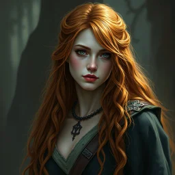 a beautiful fantasy woman, young, long ginger hair, medieval, dark fantasy art