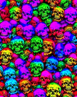 a field of skulls, multi colored, bright, vivid, psychedelic, high detailed, matte, , horrorcore, lining the street, unsettling contrast