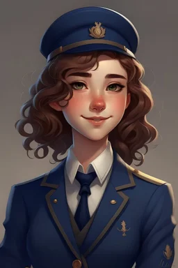 Lila is a young woman with a slender frame and an aura of quiet confidence that radiates from her every step. Her chestnut curls cascade down her back in gentle waves, framing a heart-shaped face adorned with warm, hazel eyes that sparkle with curiosity and determination. She is dressed in a neatly tailored, navy-blue apprentice's uniform, complete with a crisp white blouse and a vest adorned with intricate golden embroidery