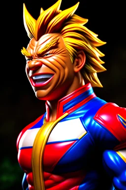 my hero academy, all might, hyper realistic, good lighting, photograph, smile, warm lighting, portrait, Hero pose, emulate Nikon D6 high shutter speed action shot, 8K, trending on artstation