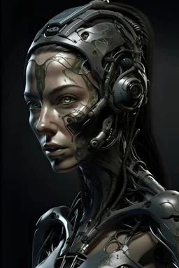Cyborg female evolving | flesh is growing absorbing the Metal | concrete floor | detailed | fine art | highly detailed | smooth | sharp focus | ultra realistic | full body portrait view, Mysterious