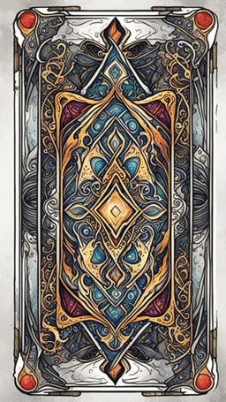 create a full color, ink wash and watercolor, ornate, abstract expressionist style bordered symmetric playing card template, finely lined, sharply detailed