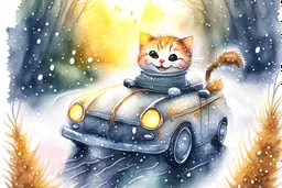 Cute little happy cat scarecrow riding a luxury car, forest path background, winter, snowflakes swirling, waterfall, reflection, mist, sunrise, smooth intricate photorealistic hyperrealistic high definition beautiful lighting pencil sketch watercolor dramatic lighting storybook illustration polished Deep shadows deep color warm light shiny glitters
