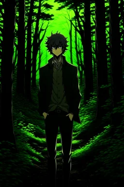 A anime handsome man standing in a dark forest