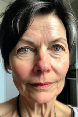 A selfie of a brunette woman with a round face, short hair taken at spa salon. showing incredibly beautiful extremely attractive 57-year-old European woman. (She has white skin, tousled black hair, pretty face without makeup, big round brown eyes, cute profiled nose, detailed full lips.)