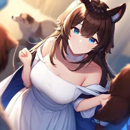 Clear focus, High resolution, Long fluffy brown hair, blue eyes, wearing a white skirt, detailed outfit, wearing a jacket oversized off shoulder, rough line, hair above ears, dog ears, off shoulder white shirt, chopped bangs