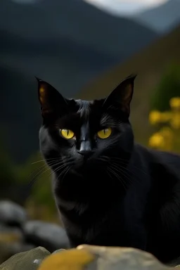 Portrait of black cat with yellow eyes on a mountain