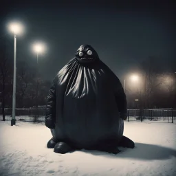 Dramatic vintage polaroid picture, hyperrealistic, gigantic puffy fat inflated black trash bag creature sitting in an empty school playground at night in the snow caught in the ambient streetlight, Lovecraftian trash bag creature with pouting confused look on face, sinister whimsey, oddball masterpiece, sfumato, Gallows humor, complex contrast, dynamic composition, by zdzislaw beksinski