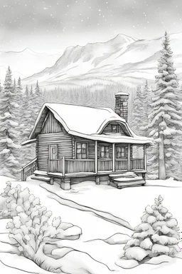 outline art for A watercolor painting of a snowy winter scene with a cozy cabin. coloring pages with white background sketch style, full body, only use outline, mandala style, clean line art, white background, no shadows and well outlined