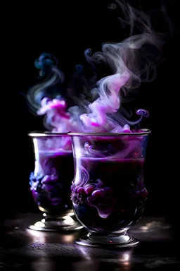 фиолетовый огонь с завитушками соединяется в огонь в виде гладиолусов красивый задний фон много фиолетового дыма кофе фиолетовый огонь,темный свет,из двух кружек с кофе