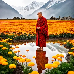 An ice Buddhist monk dressed in a red robe over a yellow shirt and wearing sandals, standing in a field of marigolds and pink violets against the backdrop of the snowy Himalayan peaks, the ground around him is wet from dew balls and morning mist, the monk's figure is reflected in a puddle of water he is standing next to, in a field a yak herder, sun rays Penetrating through white and gray clouds that cover the sky, cinematic photography, wide lens, sharp and clear colors, 24K