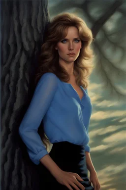 3D Portrait of Lea Thompson, long-sleeved blue blouse, black miniskirt, leaning forward against a tree, perfect body, perfect face, perfect eyes, dark hair, glamorous, gorgeous, delicate, romantic, realistic, romanticism, blue tones, Boris Vallejo - daylight Background - blue skies, sunlight - dark, wood panel wall in the background - fire, fog, mist, smoke