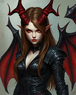 A female demon, pale skin, long brown hair, red eyes, long flaming horns, black leather outfit, black and red bat-like wings, arrogant, vicious, an air of malevolent power surrounds her, greg rutkowski, intricate details, dark fantasy setting, hyperrealistic