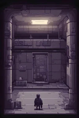 2d pixel art dark environement, old abandoned human underground military bunker, use for experimentation, laboratory. platform video game