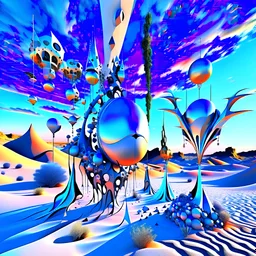 Bright, glittering, 3d, steel-like, surreal objects in a bright environment, desert, night light, melting steel, Yves Tanguy style, Salvador Dalí style