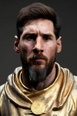 Realistic image, lionel Messi Roman sculpture made in marble with gold veins, gold laurel leaves crown, waist up portrait, gold ornaments, Renaissance style, sun rays background, epic, celestial, cinematic lighting, God lights, 4k resolution, smooth details, soft lighting, unreal engine 5, art station, substance 3d.