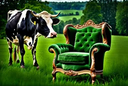 A cow sitting on an vittorian armchair in large soft green field