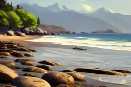 sunny summer day, seashore, mountains, rocks, trees, sand, summer influence, epic