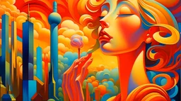 Close-up with faded misty colors. A Georgy Kurasov surrealist painting, with very long shadows, merging dream-like illogical objects that morph and melt into each other. The entire sky is a gigantic transparent glass female face with large eyes and a tropical forest inside her transparent head, merging with clouds. Huge golden alarm clocks, light bulb, dial telephone, typewriter, green apples. Under a light blue sky with puffy clouds.