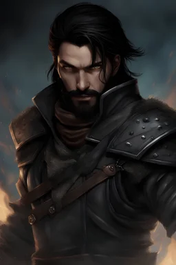 Create a realistic digital artwork of a fantasy hero known as the Shadow Fighter. He is a male character with black hair and blue eyes, featuring a scar on his face and a beard. He wields two weapons that emit black flames. He is dressed in leather armor and a brown scarf covering his mouth. The background should be a burnt-down village with eerie, sinister shadows lurking around, adding a dark and ominous atmosphere. The artwork should convey a sense of mystery and danger, dark fantasy