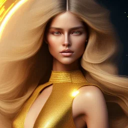 beautiful cosmic golden woman, long hair, nice smiling, magic glamour make up, delicate colors, beautiful glamour galactic golden dress, ultra sharp focus, 8k, unreal engine 5, extremely sharp detail, light effect, soft light atmosphere of a spaceship, smooth, full of details, face in front, complete vision of body