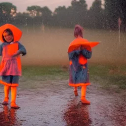 girls playing under the rain, at sunset, high details, color orange to red