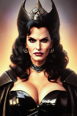 painting of lisa ann as evil queen in black leather, feminie, angry, stern look on her face, volouptous, busty, cleavage, emperious, mature, highly detailed, digital painting, artstation, concept art, smooth, sharp focus, illustration, art by gaston bussiere and alphonse mucha