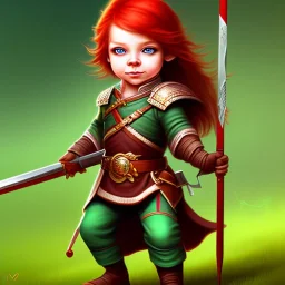 Halfling, girl, full body, red hair, adventure, sharp, green eyes, magic staff