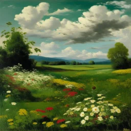 A green grassy plain with flowers painted by Gustave Courbet